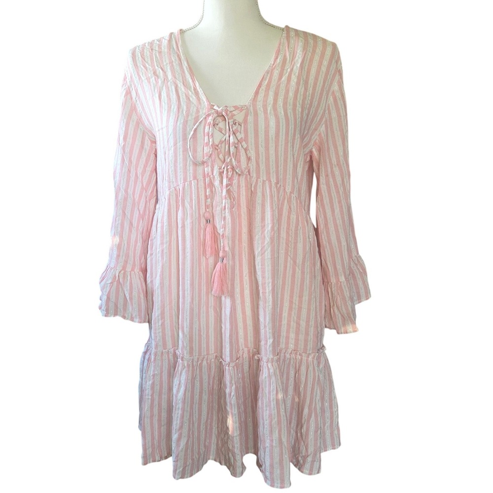 Blue Island Pink White Striped Lace Up Tassel Tiered Boho Tunic Dress Medium